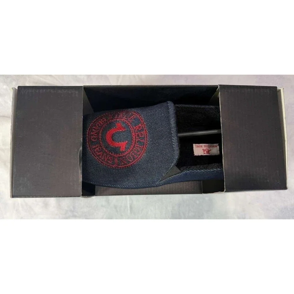 True Religion Men’s Denim Slippers Medium Blue Red Logo New With Box